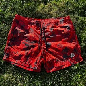 Moncler Red Palm Tree Print Swim Shorts XL Men's Graphic Swim Trunks Nylon